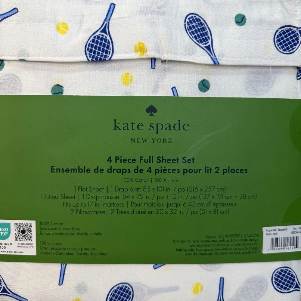 Kate Spade Tennis Racket Pickleball FULL Sheet Set NWT